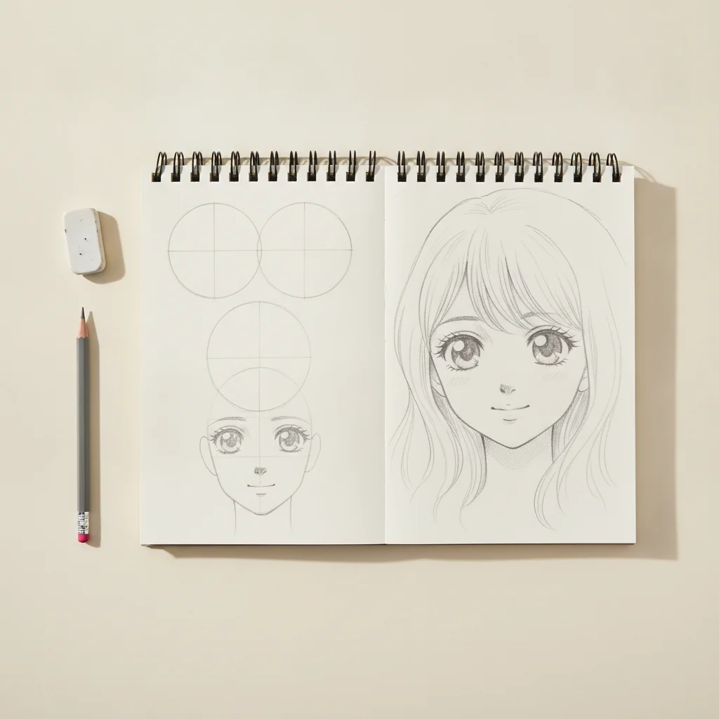 Croquis de visage manga en cours de realisation avec etapes de construction et proportions