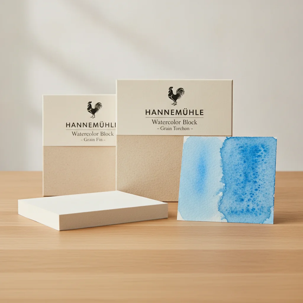 Bloc papier aquarelle Hahnemühle grain torchon et grain fin posés sur une table en bois